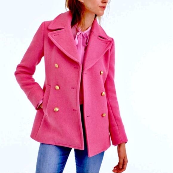 J Crew Majesty Coat Peacoat Fuchsia Pink Wool Stadium Cloth Double Breasted Sz 0 - Picture 1 of 10